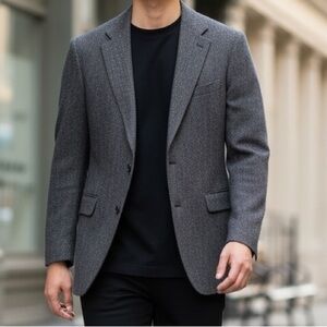 Robert Stock Signature Gray Herringbone Wool Blazer – Classic Tailored Fit